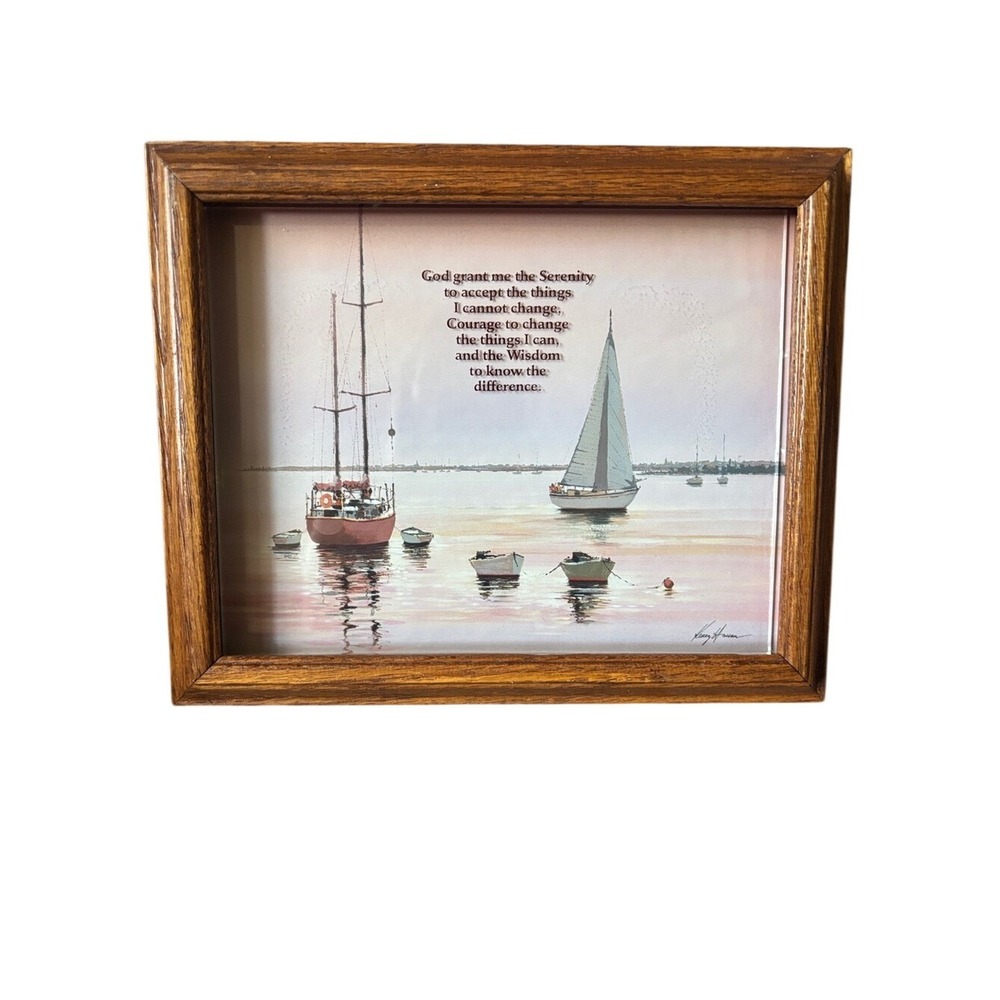 Vintage Wood Shadow Box‎ Serenity Prayer Sailboats Print Framed Christian Decor